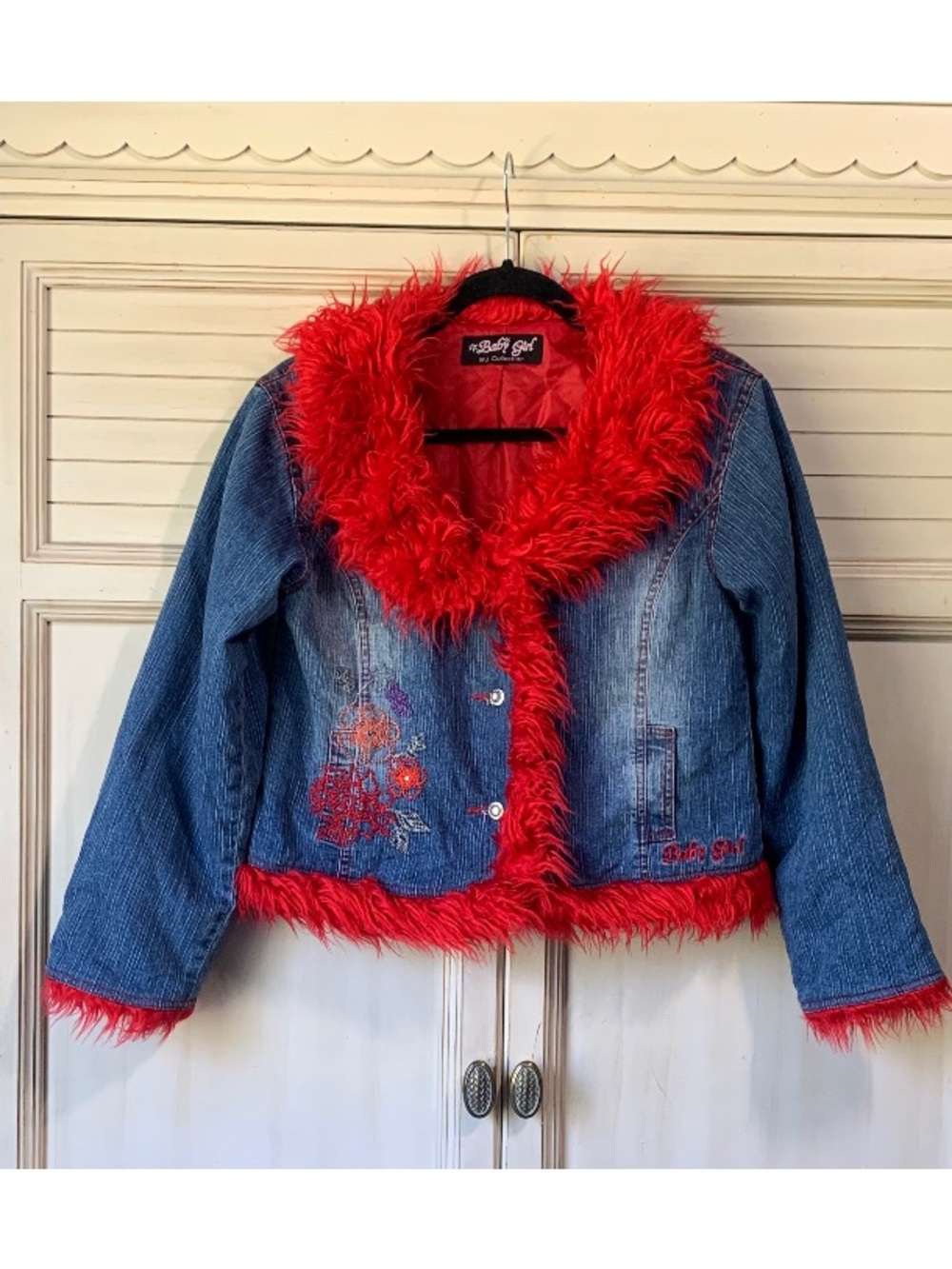 Vintage Women’s Baby Girl Brand Denim Jacket Red Fur Collar Trim Y2k
